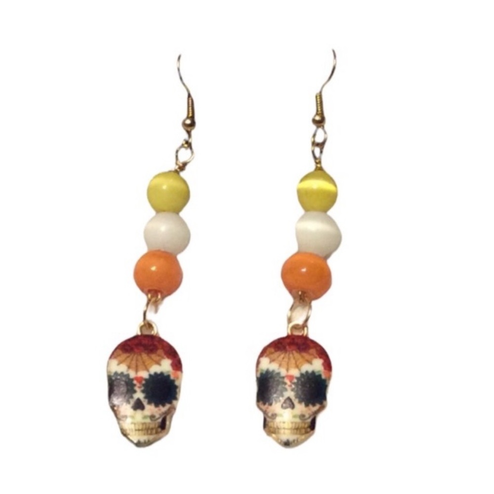 HANDMADE Colorful SKULL FACE Earrings With FIBER OPTIC Cat's Eye Beads